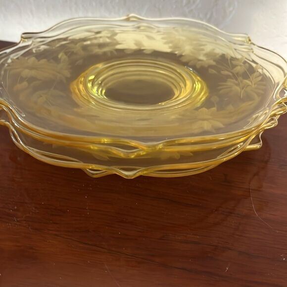 1930s Lancaster Jubilee Etched Wildflower Pattern Yellow  Lancaster Yellow Depression Glass Jubilee Glassware Set 4 Salad Plates 1930’s